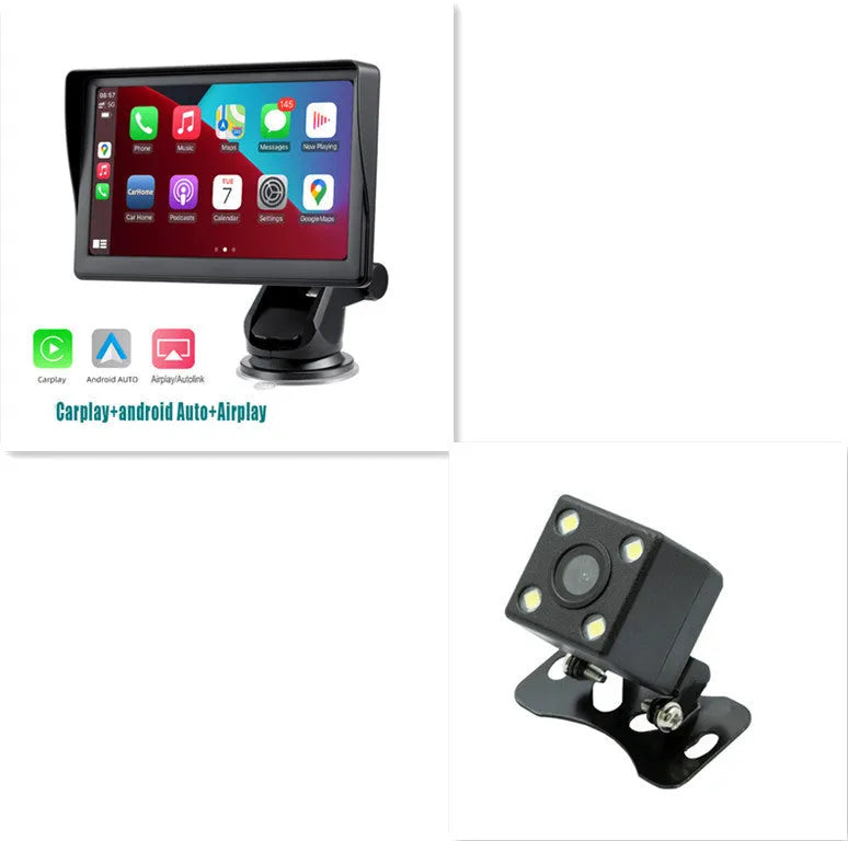 7 inch portable car smart display with retractable bracket showing CarPlay interface on IPS screen