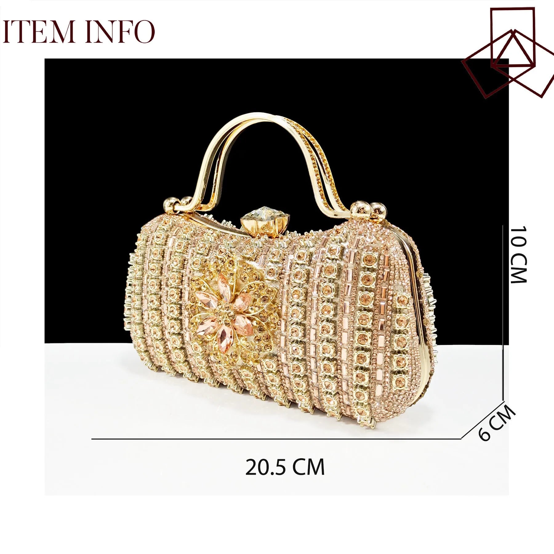 Women's black high heel and matching clutch bag set with floral decoration and rhinestones.