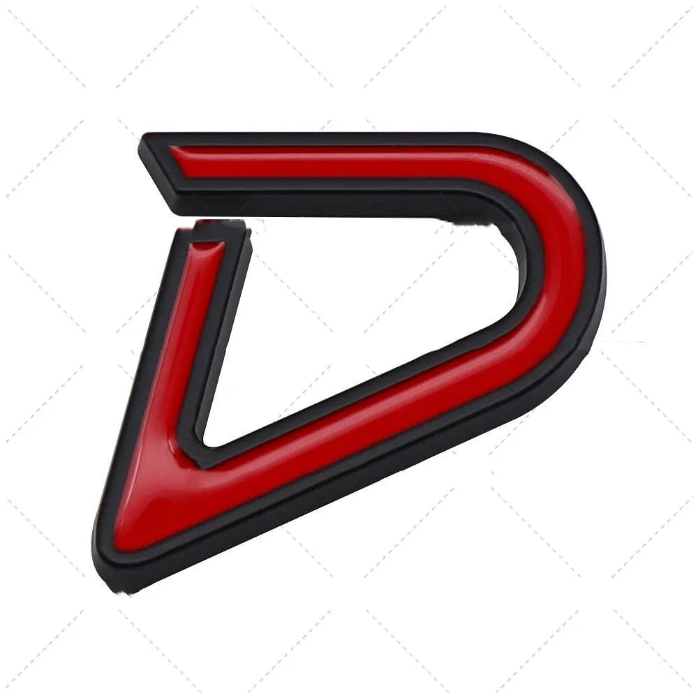 Metal car bumper stickers showing SD, D, and S patterns in red and black or red and silver colour combinations