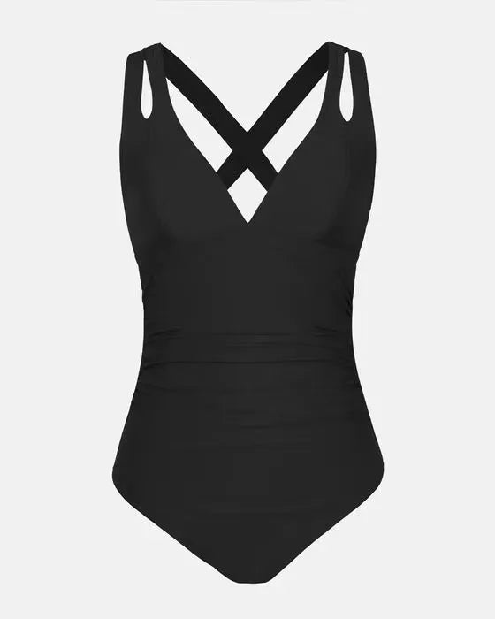 Women's solid colour one-piece swimsuit with triangle top and cross-back straps