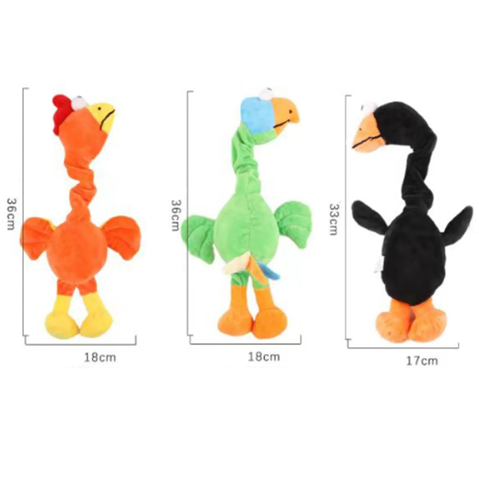 Squeaky chicken dog toy in black, green, or orange colours with bite-resistant latex construction