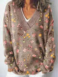 Women's retro V-neck sweatshirt with a detailed 3D floral pattern print in a choice of colours.