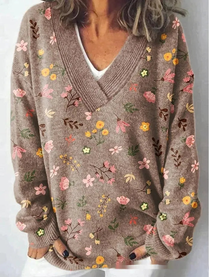 Women's retro V-neck sweatshirt with a detailed 3D floral pattern print in a choice of colours.