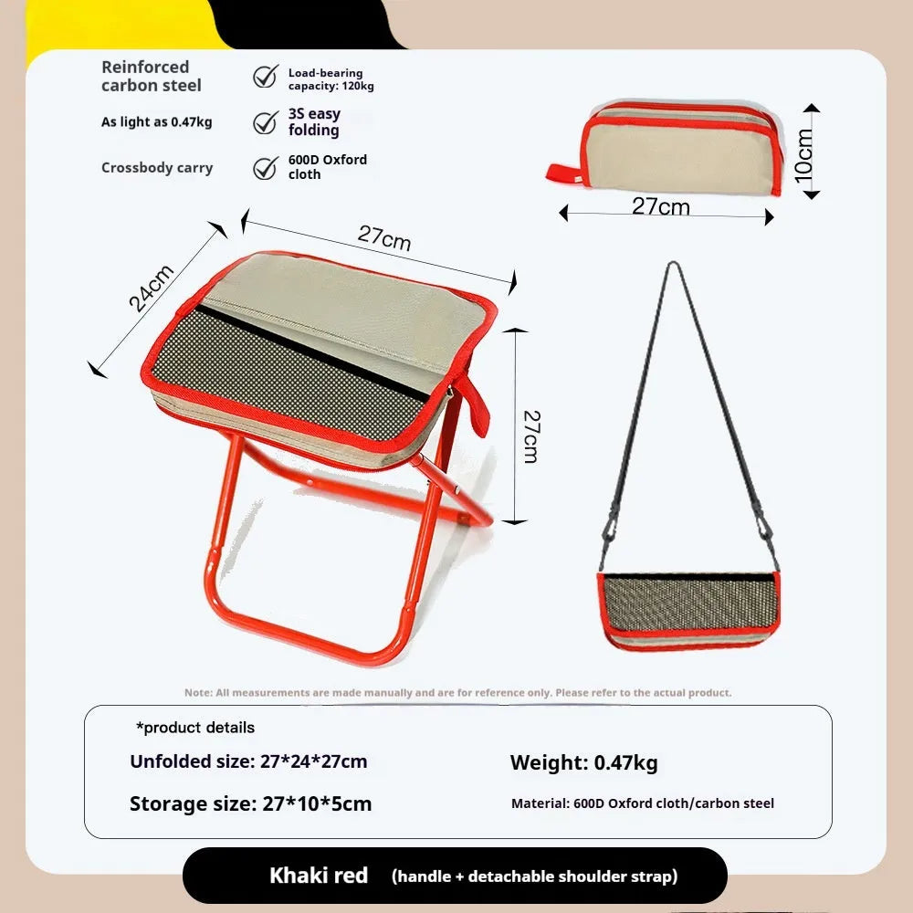 Lightweight foldable camp chair stool in Oxford cloth, shown in a khaki colour with carry handle.