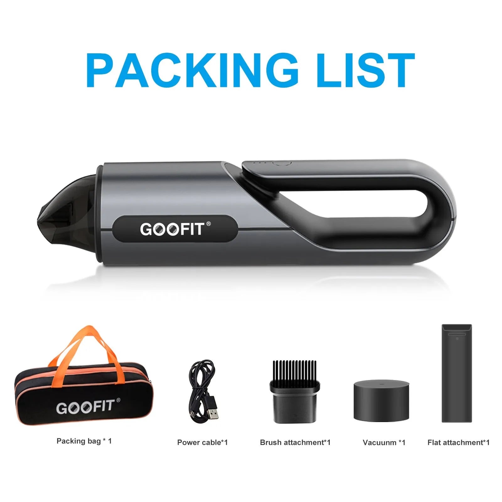 Black portable cordless handheld car vacuum cleaner with brush and flat attachments on a car seat.