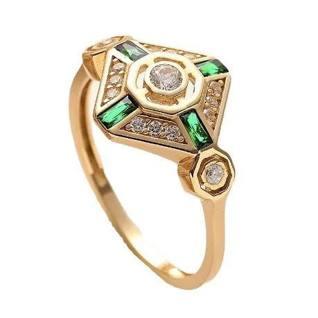 Square geometric emerald diamond ring for women with a green zircon stone on a finger.