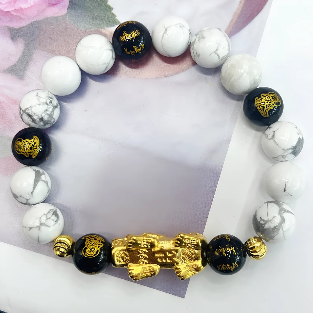 Handmade vintage bracelet with white turquoise and black agate stones for couples