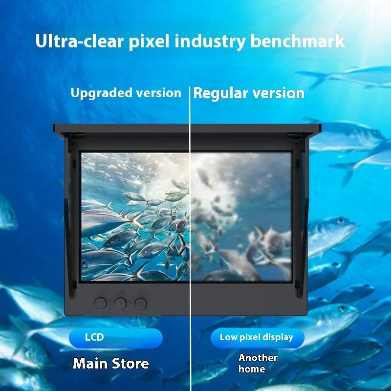 Underwater HD fish finder camera system with screen, featuring a wide-angle lens, night vision lights, and temperature sensor.