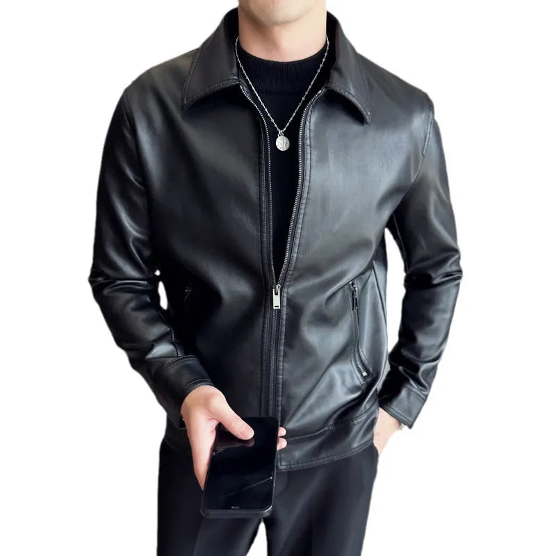Men's black PU leather jacket with zipper pockets, shown in a loose fit casual style.