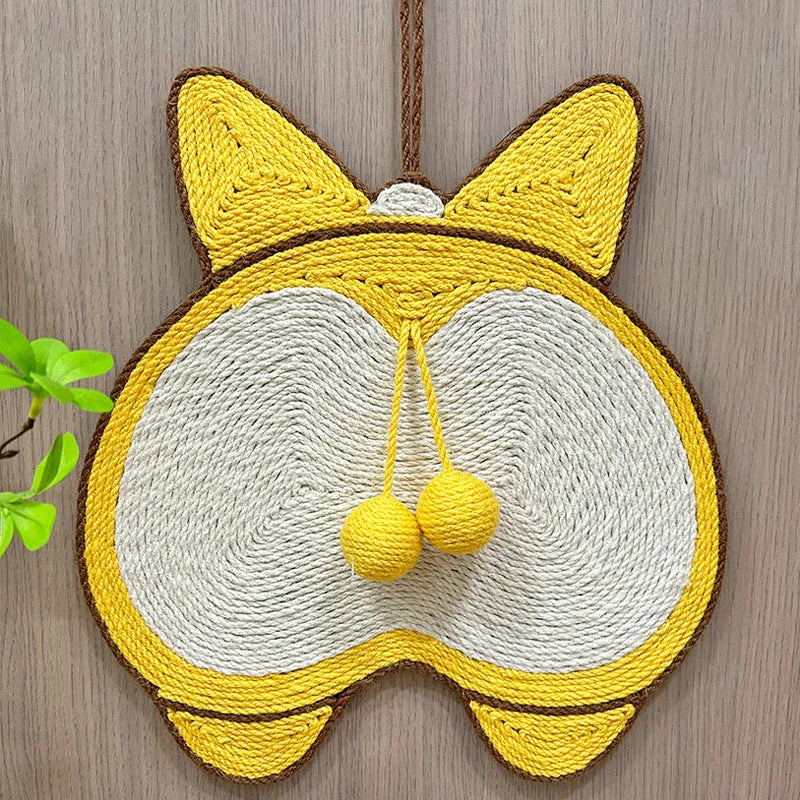 Yellow Corgi butt design sisal cat scratching board with anti-slip base and adhesive hooks