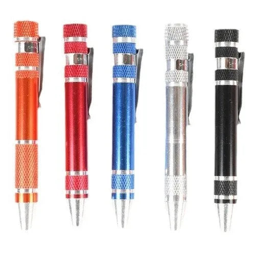 8-in-1 aluminium alloy pen-type screwdriver set with multiple coloured handles and chrome vanadium steel bits