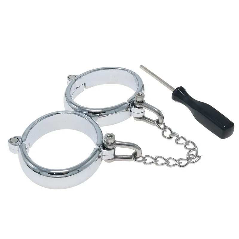Silver zinc alloy handcuffs and footcuffs set with stainless steel watch bracelet styling