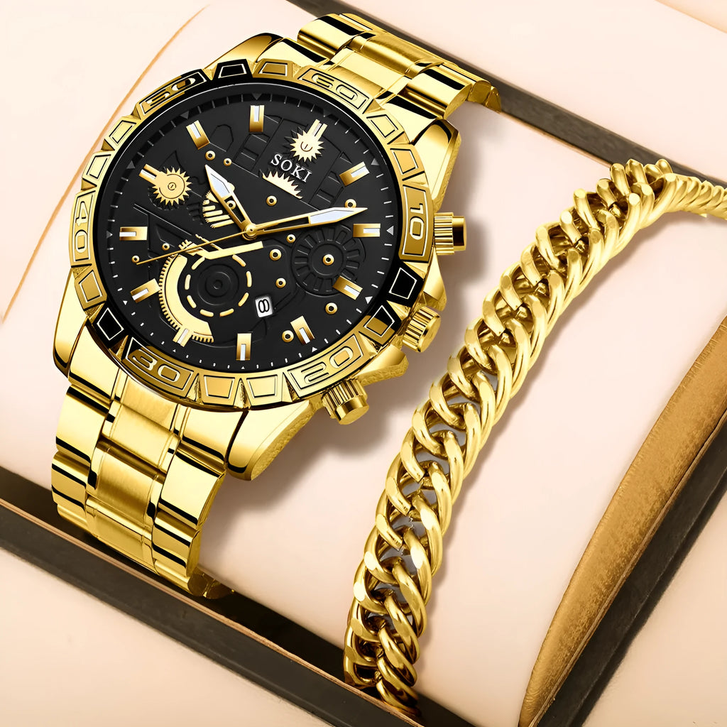 Men's gold-coloured business watch with stainless steel bracelet and calendar display on dial.