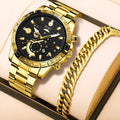 Men's gold-coloured business watch with stainless steel bracelet and calendar display on dial.