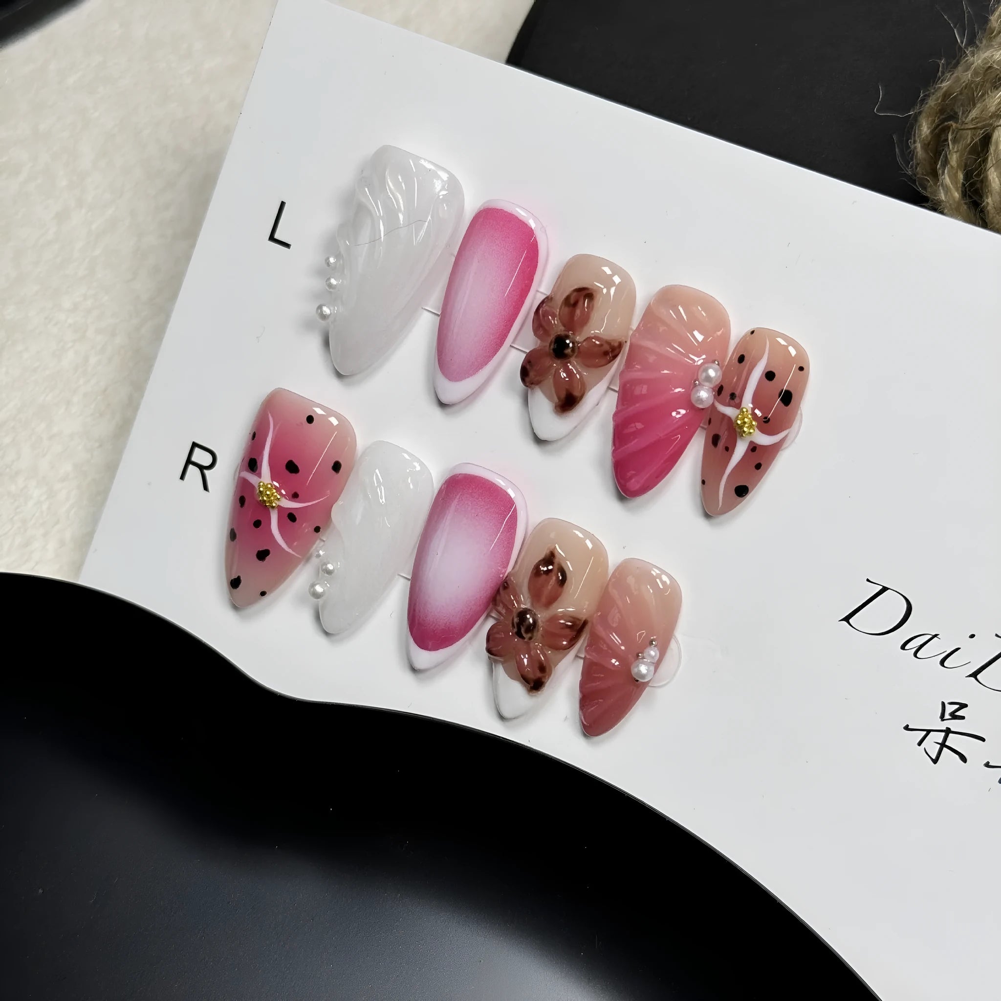 Hand-painted 3D carved nail art patches in almond shape and candy colours, sizes XS to L.