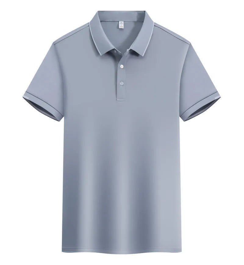 Loose fit cotton blend short sleeve polo shirt showing single-side colour secondary collar lapel detail.
