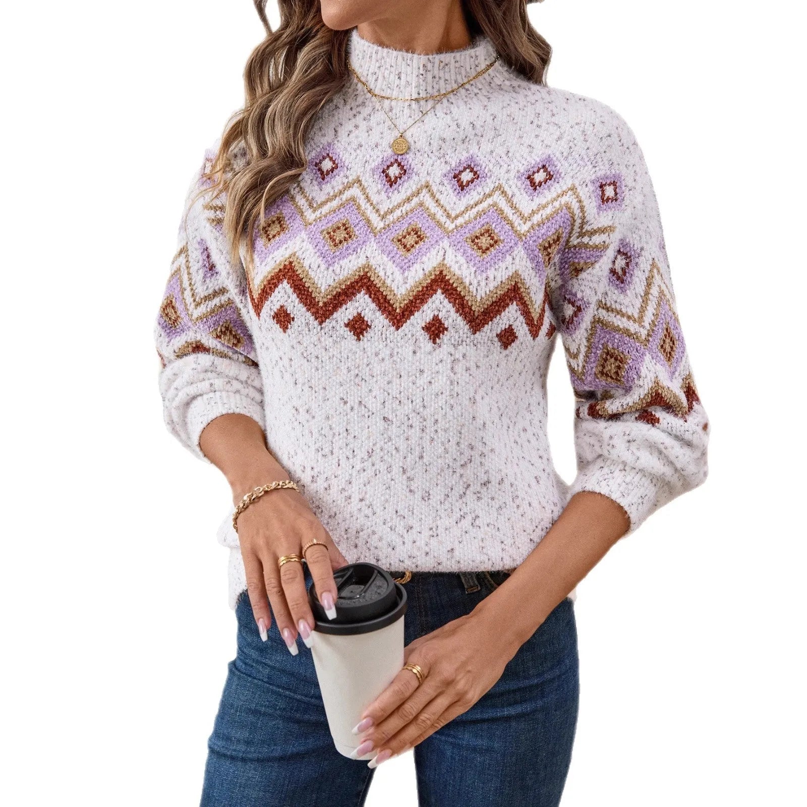 White geometric pattern half turtleneck jacquard sweater with loose fit and long sleeves
