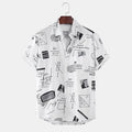 Men's cotton summer shirt with abstract cartoon slogan print, chest pocket, button-down design, in black and white