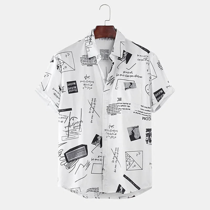 Men's cotton summer shirt with abstract cartoon slogan print, chest pocket, button-down design, in black and white