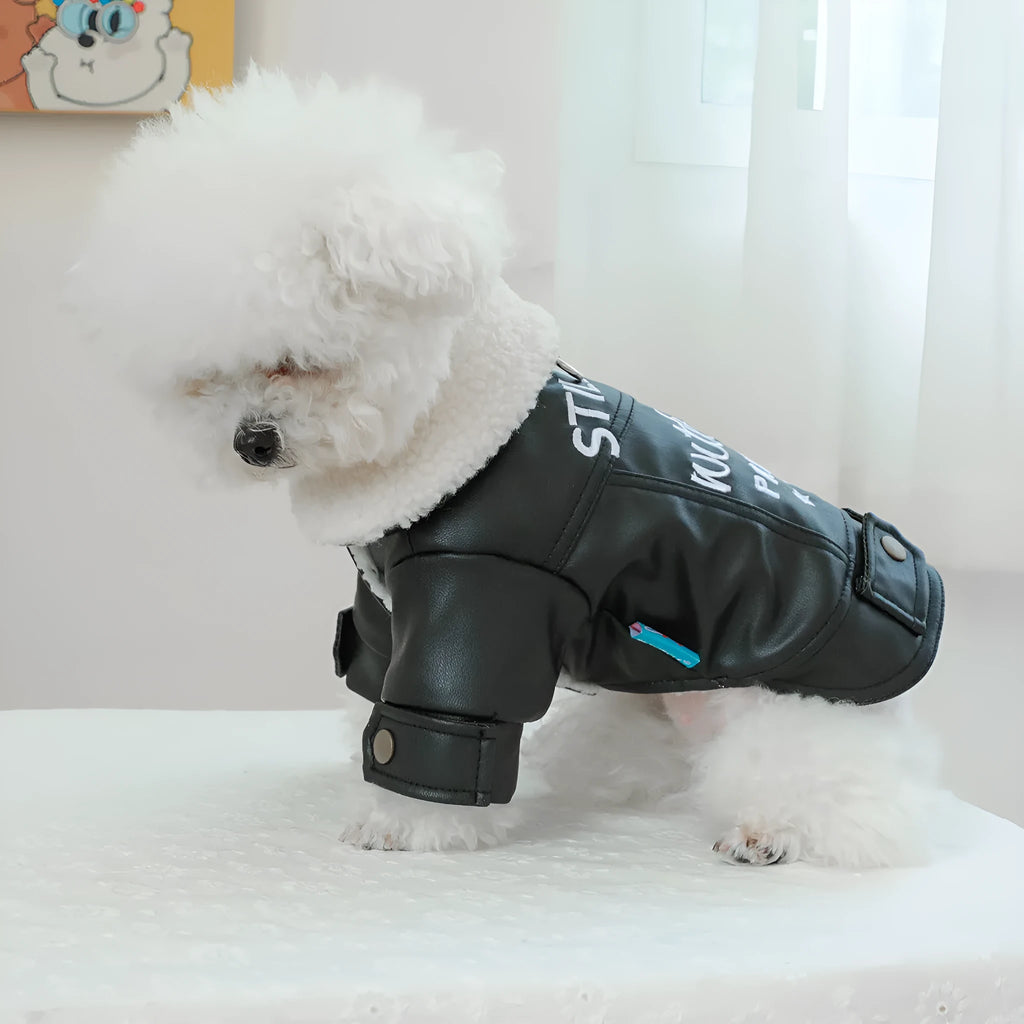 Large fur coat style dog jacket with fleece lining in black, beige or suede colours for winter warmth