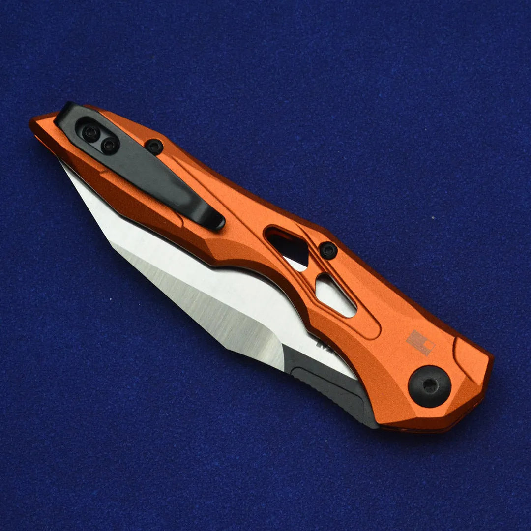 Black folding fruit knife with D2 steel blade and aluminium handle fully extended to 19cm