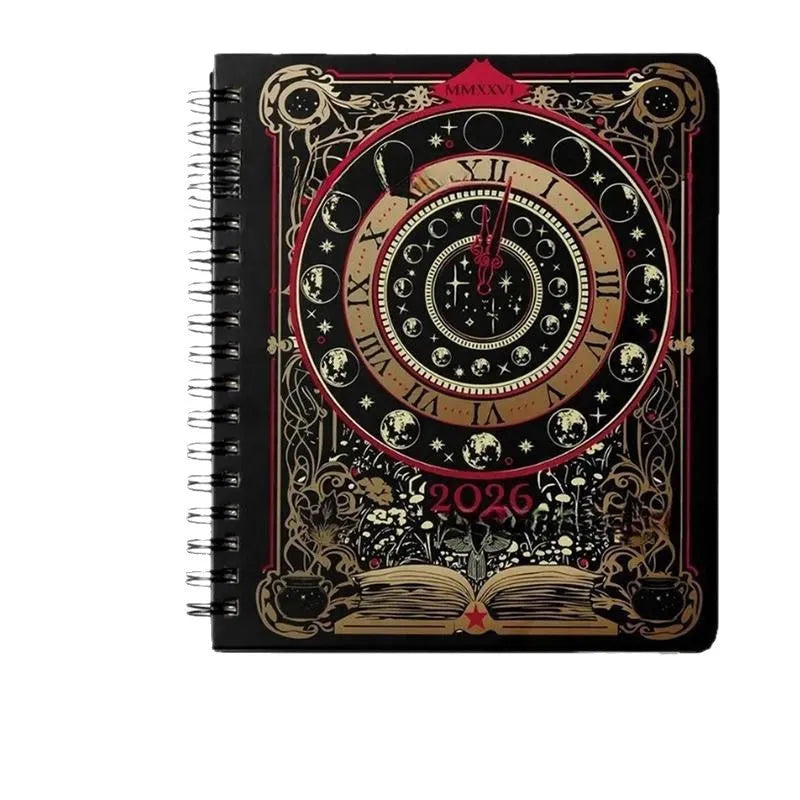 Wait For The Night 2026 weeks plan notepad with 100 pages, open to a weekly layout, next to a pen on a desk.