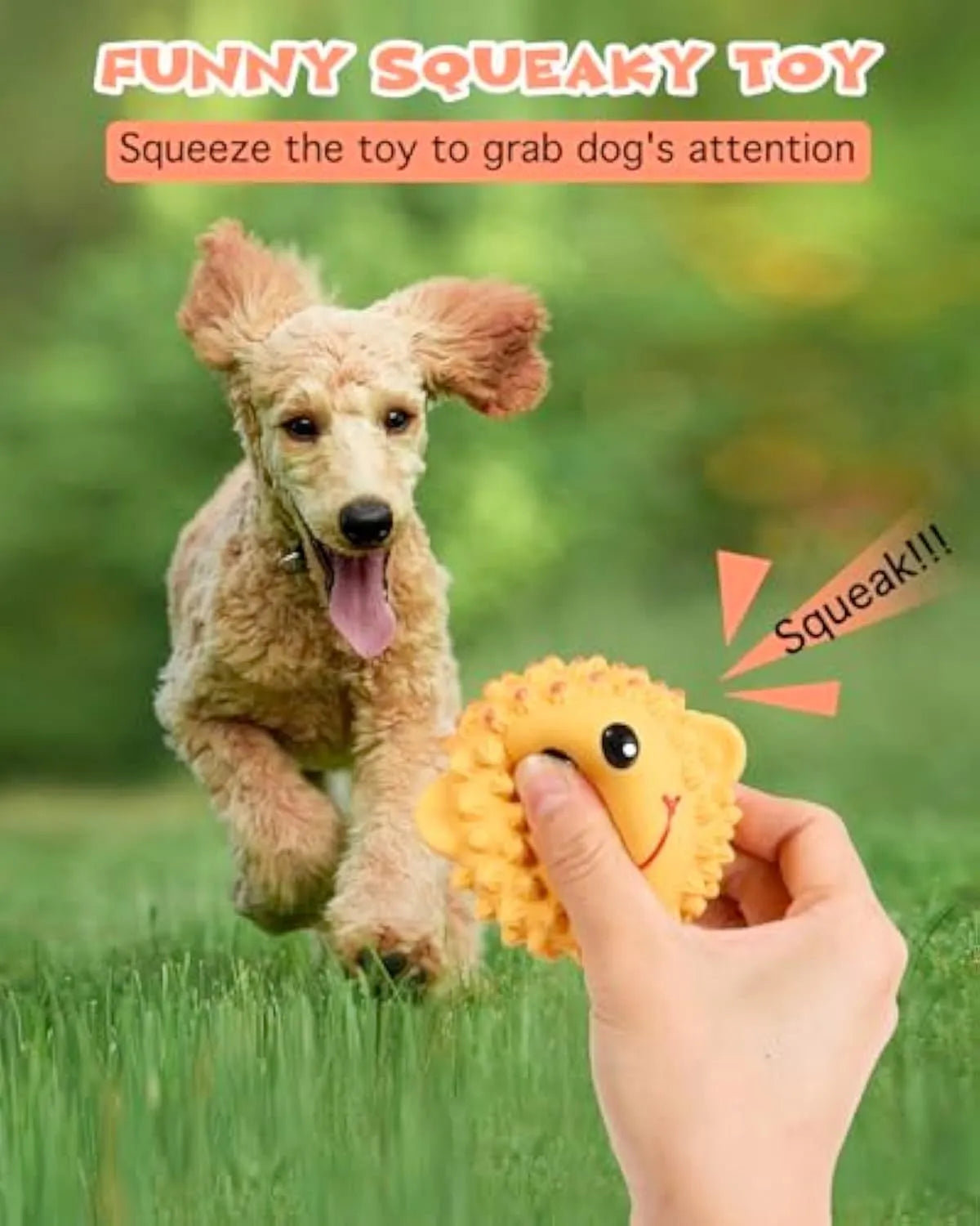 Orange and yellow latex dog toys with spiky texture and animal shapes for small to medium dogs