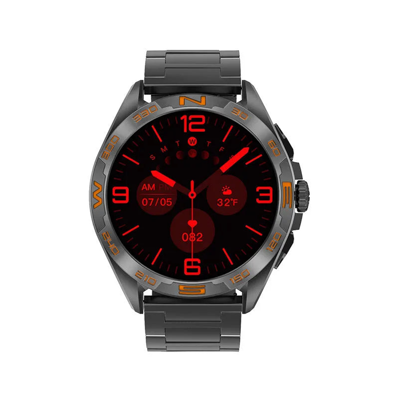 Smart watch for men displaying health metrics on an IPS screen, shown in black steel finish.