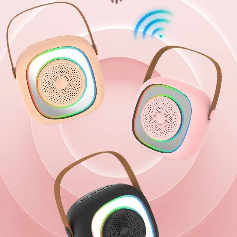 Wireless karaoke microphone in black and wheat colours with LED lights and USB charging cable