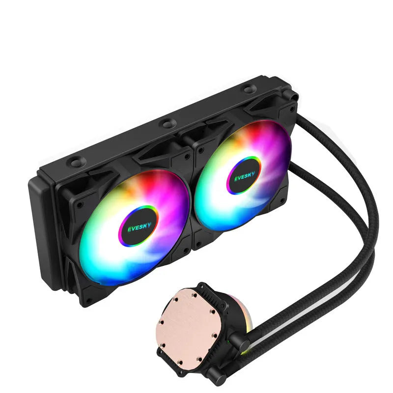 Black aluminium CPU radiator fan with RGB lighting, shown in 120mm, 240mm, and 360mm size options for PC cooling.