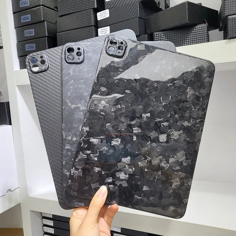Genuine carbon fibre hard protective case for Apple iPad Pro 11 inch in matte and forged finishes.