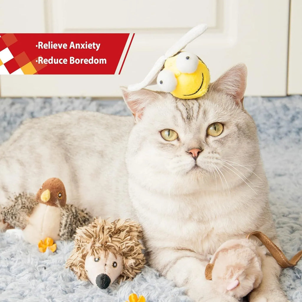 Yellow flannelette bee-shaped electronic cat toy with motion-activated chirping sound.