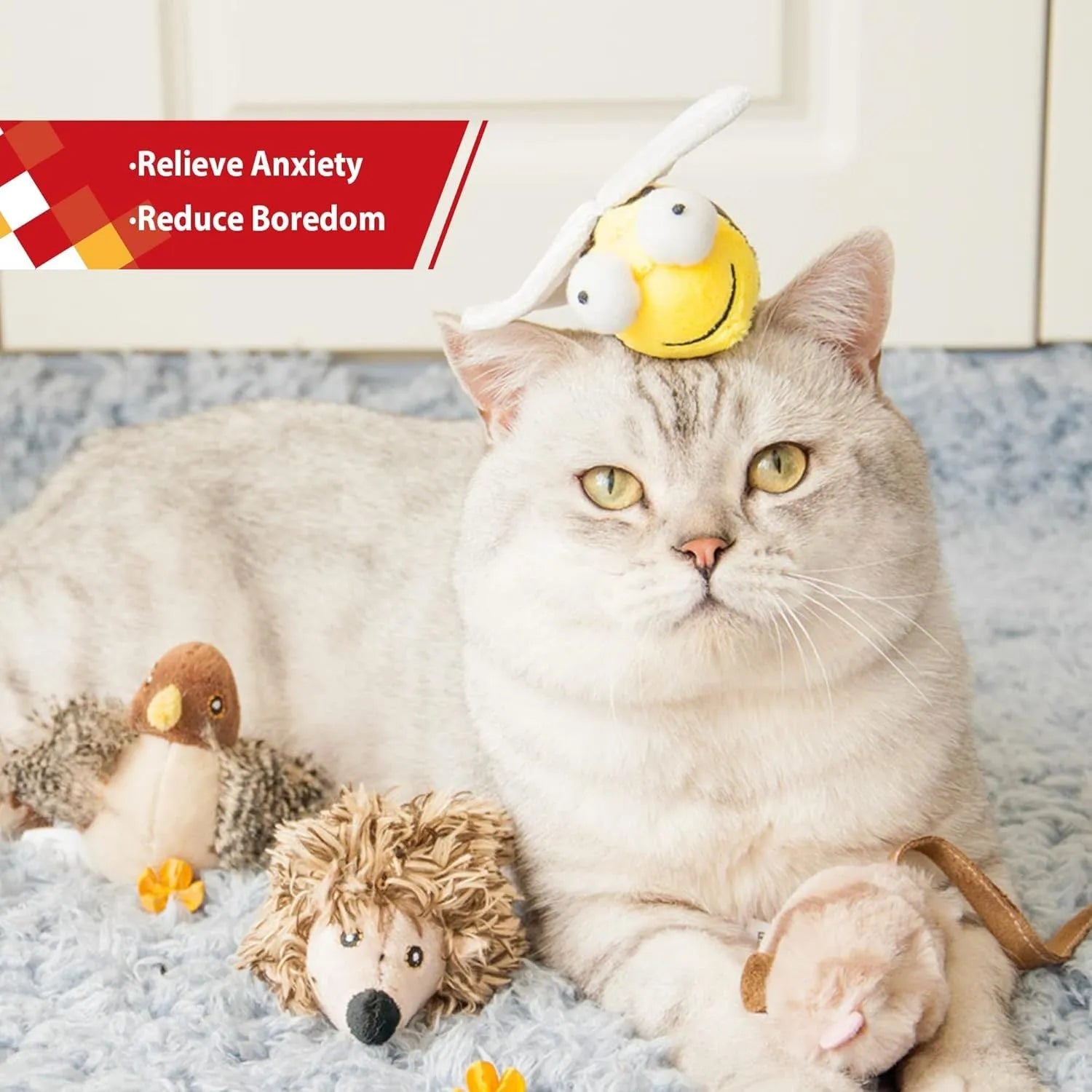 Yellow flannelette bee-shaped electronic cat toy with motion-activated chirping sound.