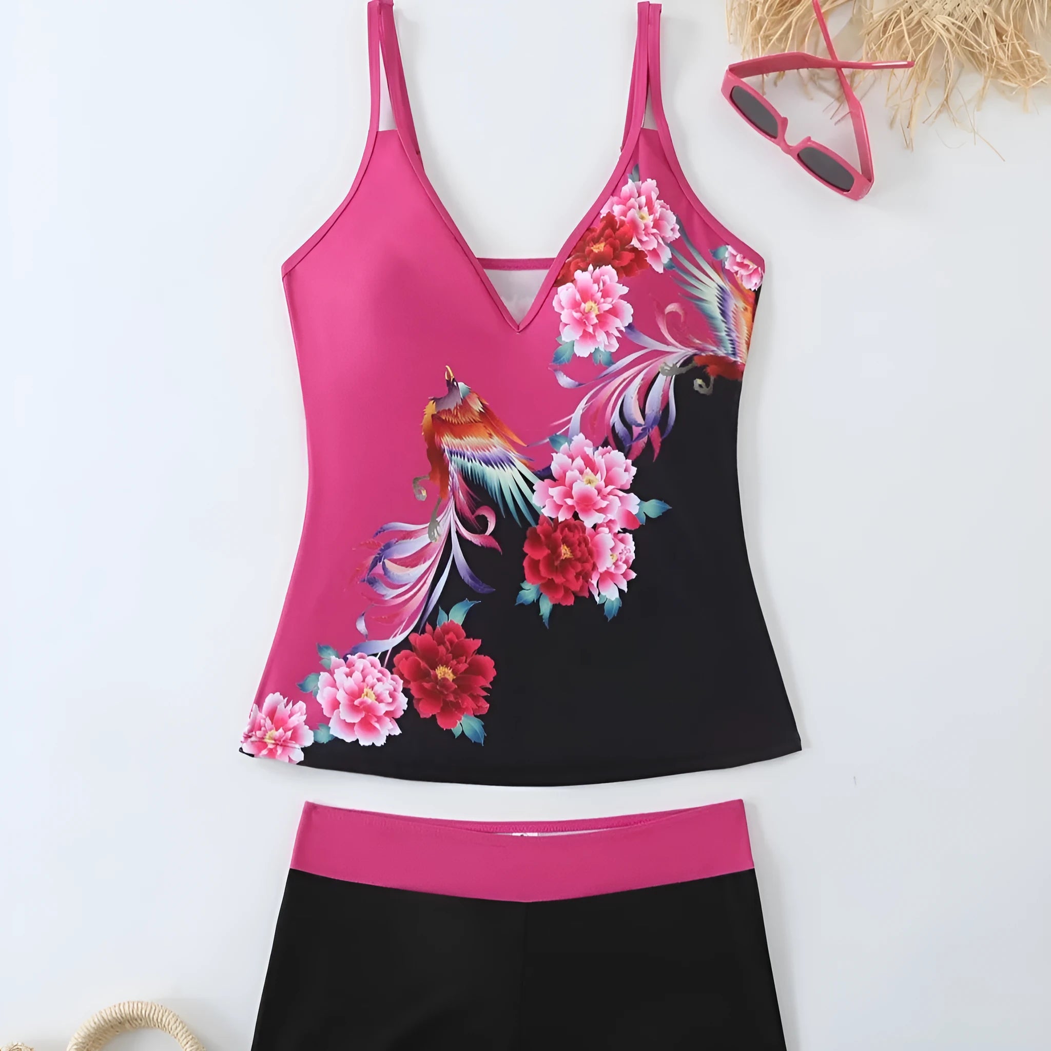 Plus size women's printed swim briefs in black or rose red with a cotton lining.