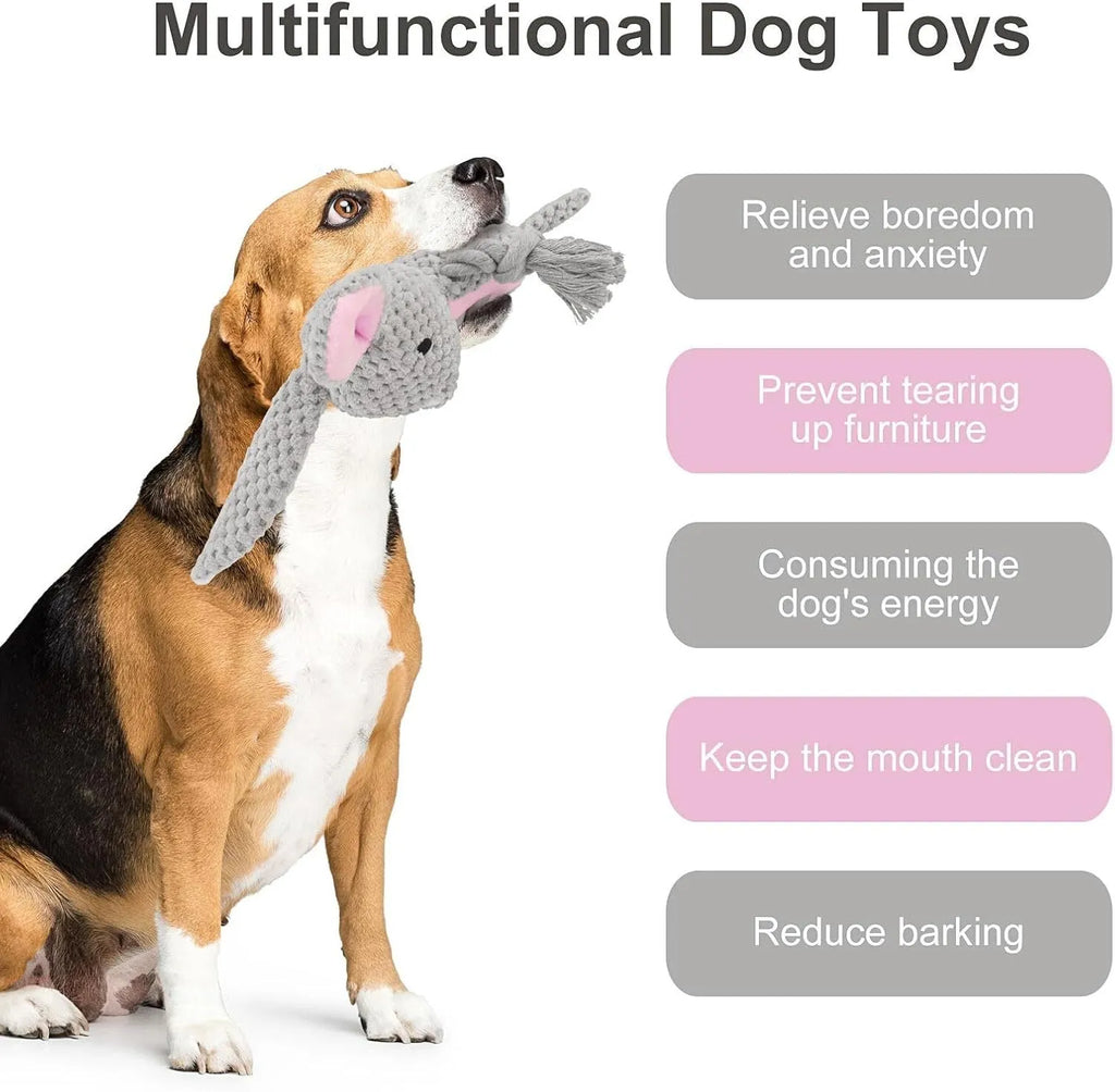 Crinkle paper stuffed dog toy with squeaker and cotton rope in animal designs for small to medium dogs