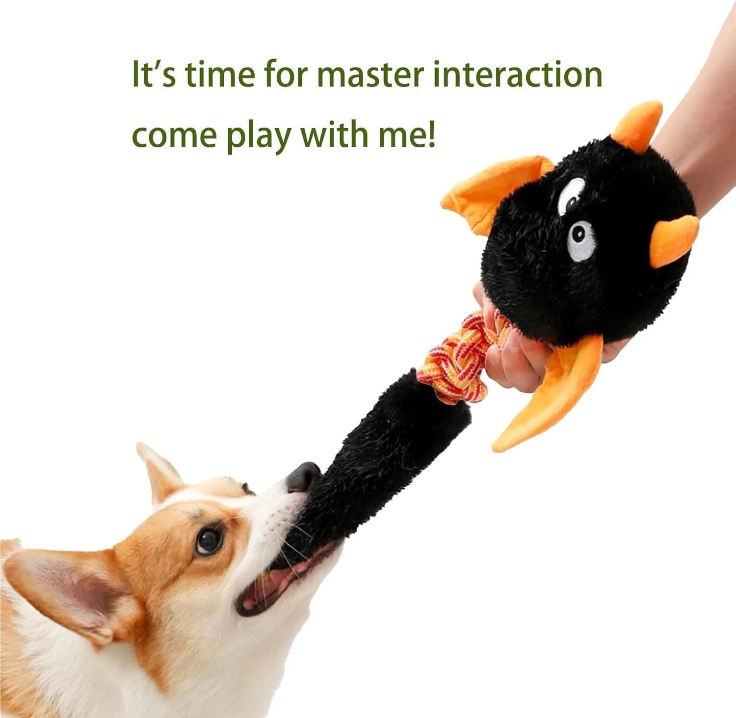 Large black, green, or red plush dog toy with cartoon design, measuring 44cm, featuring a squeaker and rope knot.