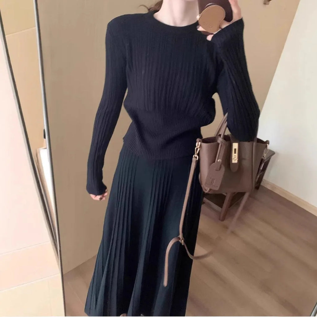 Women's dark grey knitted dress suit set with 3D pattern, ethnic stitching, sweater and skirt