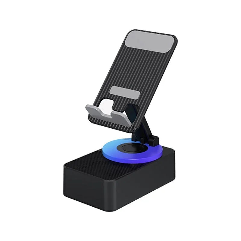 Three-in-one foldable mobile phone bracket with Bluetooth audio and power bank in Night Black plastic finish