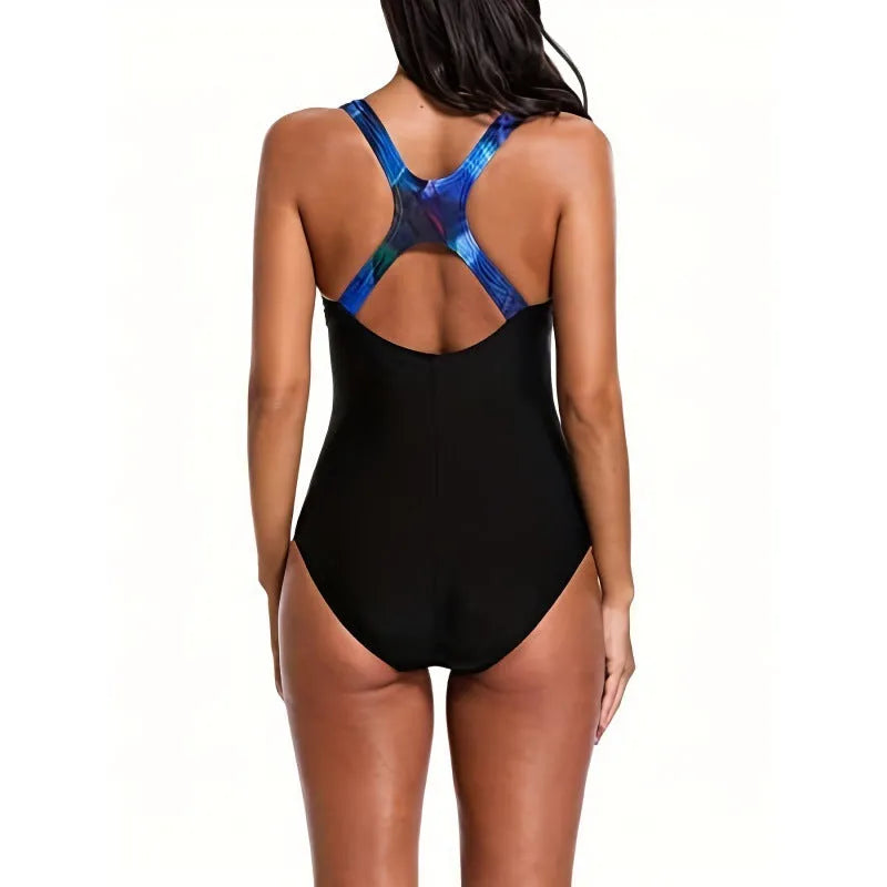 Women's oversized one-piece swimsuit with printed floral pattern and backless design for swimming