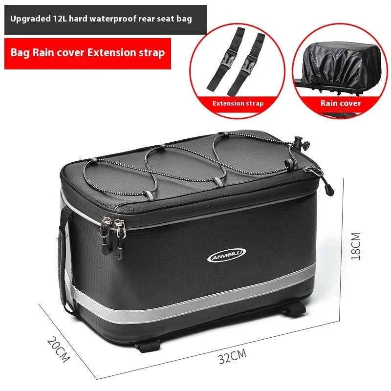 Black waterproof bicycle rack bag with 12L capacity for vehicle mountain equipment transport