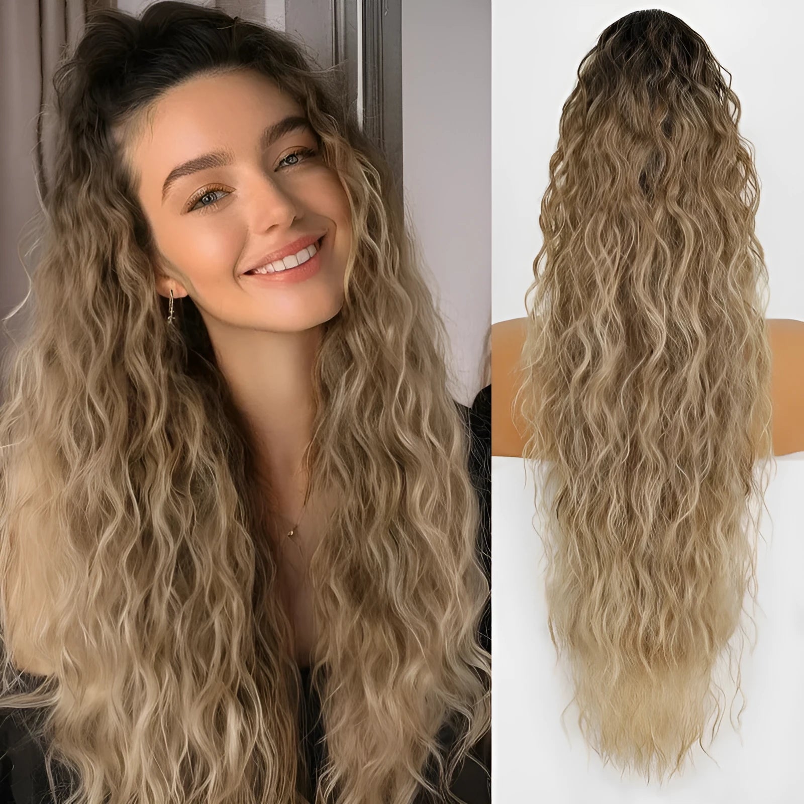 Long 30-inch curly synthetic ponytail wig in high temperature fibre.