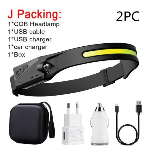 Black silicone USB rechargeable headlamp with side wave sensor and dual LED lights for wide and long-distance illumination.