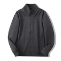 Men's stand collar casual jacket in polyester, shown in black, dark blue, and beige.