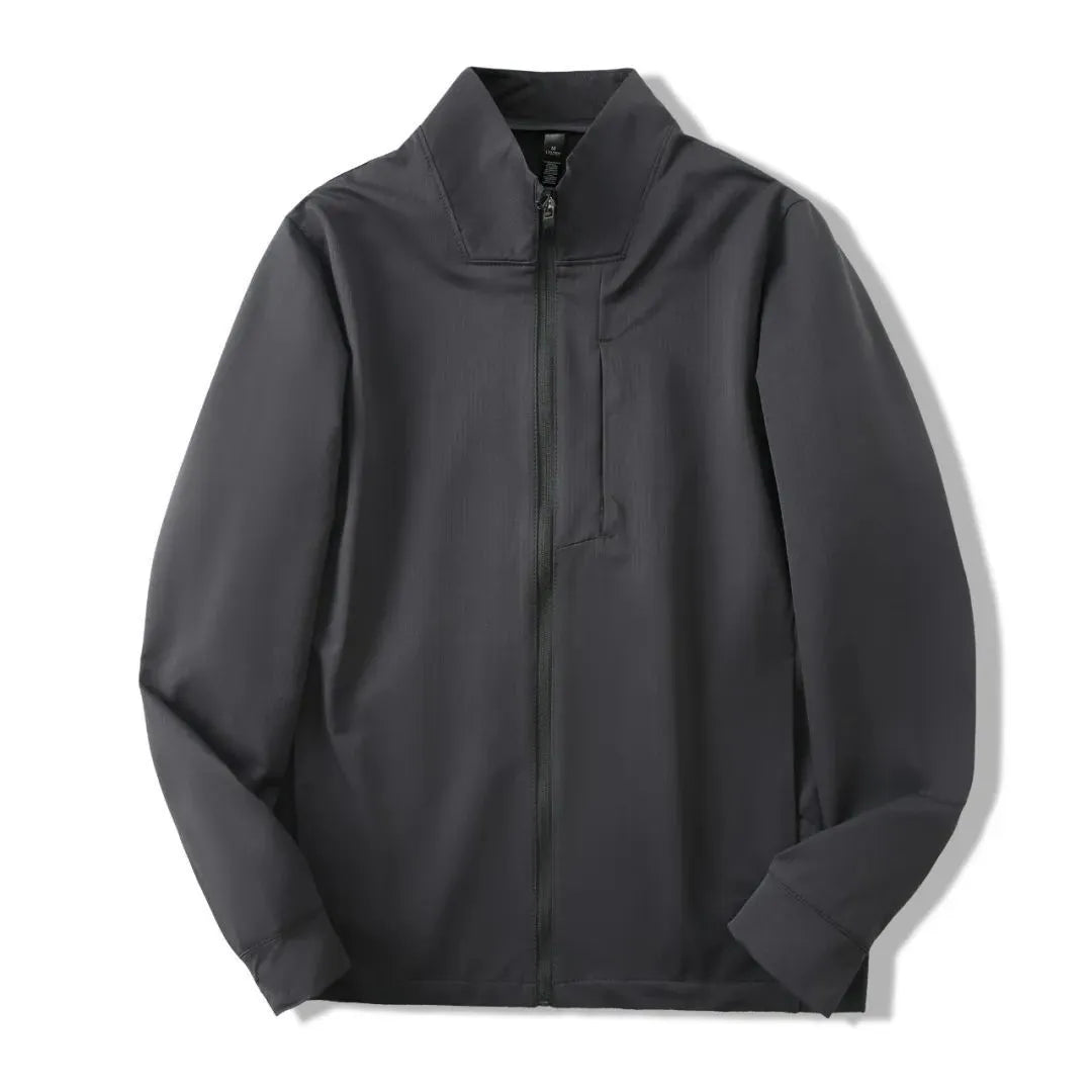 Men's stand collar casual jacket in polyester, shown in black, dark blue, and beige.