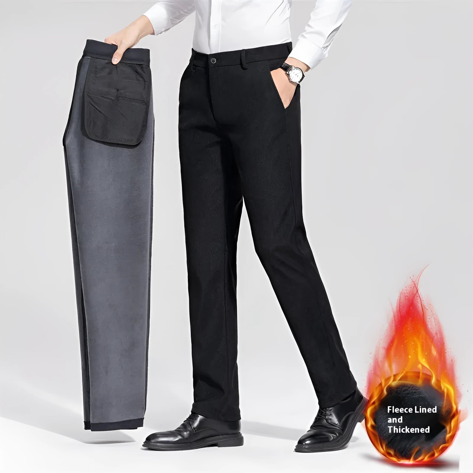 Men's fleece-lined casual trousers in black and navy blue, sizes 29-40, mid-waist with zipper fly