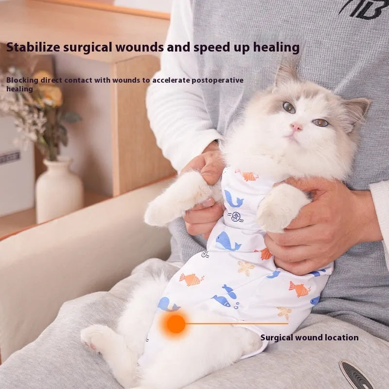 Adjustable Velcro cat recovery suit for post-surgery sterilisation protection in multiple colours.