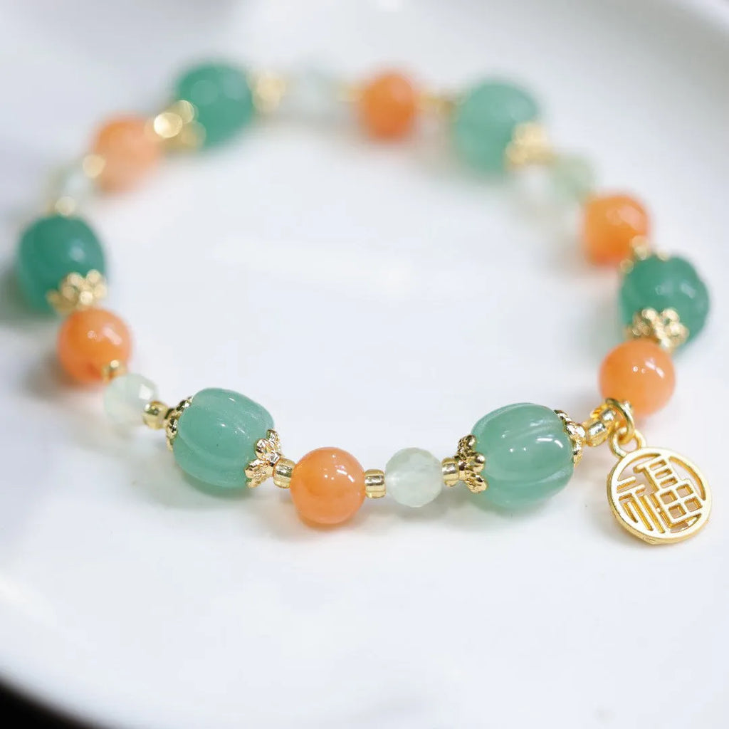 Jinsi Jade Duobao pumpkin bracelet with 9x10mm beads and Prehnite accents for 14-16.5cm wrists