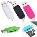 White OTG dual-purpose card reader with micro USB and USB 2.0 connectors for Android phones and computers