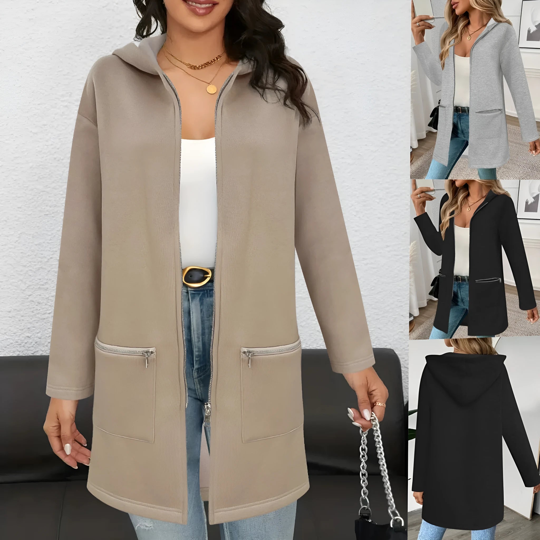 Loose grey mid-length cardigan coat for women with pockets, shown on a hanger.
