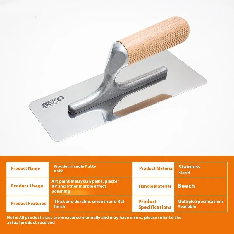 Stainless steel putty scraper with wooden handle for floor and wall surfaces